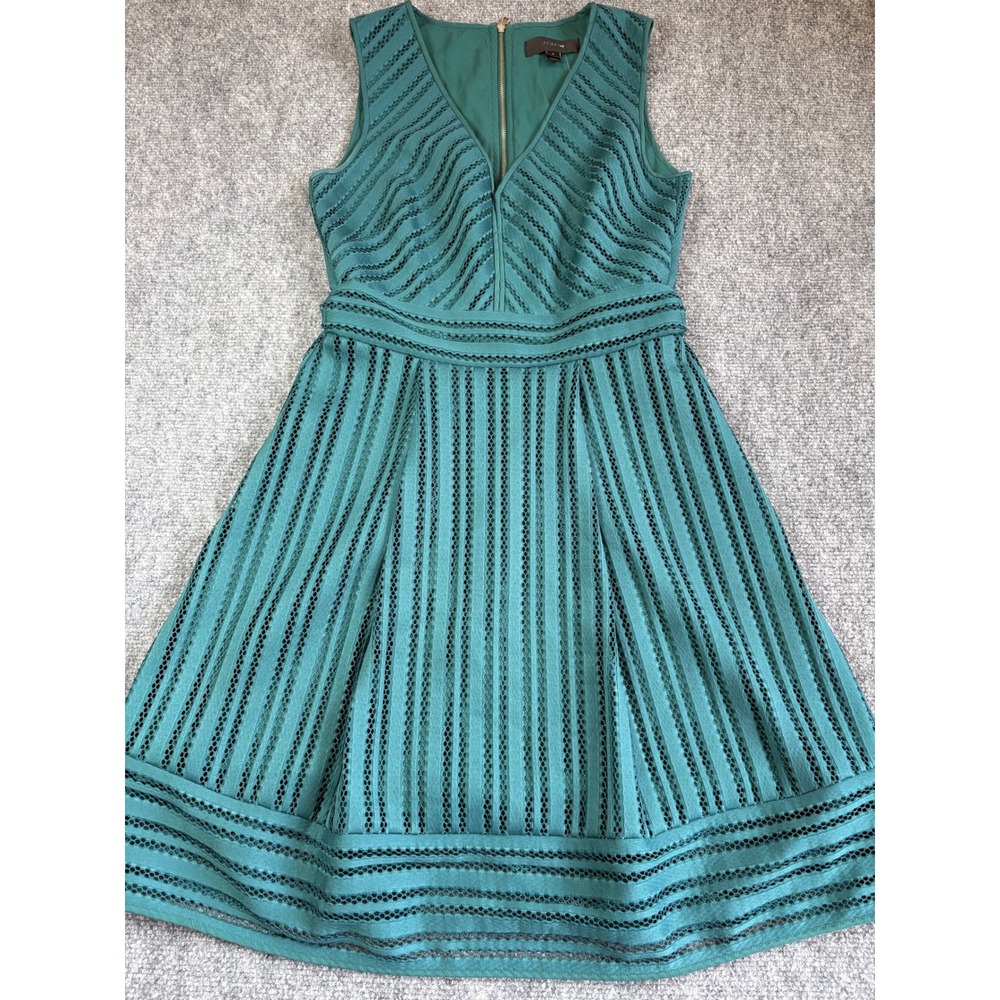 J.Crew Teal Green Eyelet Lace Sleeveless Fit Flare V-Neck Dress Size 2 New